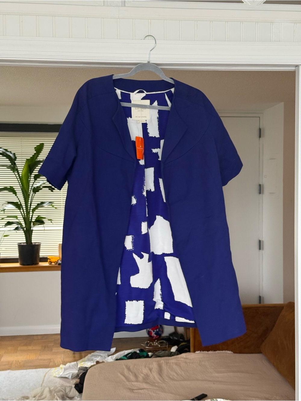 kate spade Royal Blue Short-Sleeve Trench Coat with White Print Lining